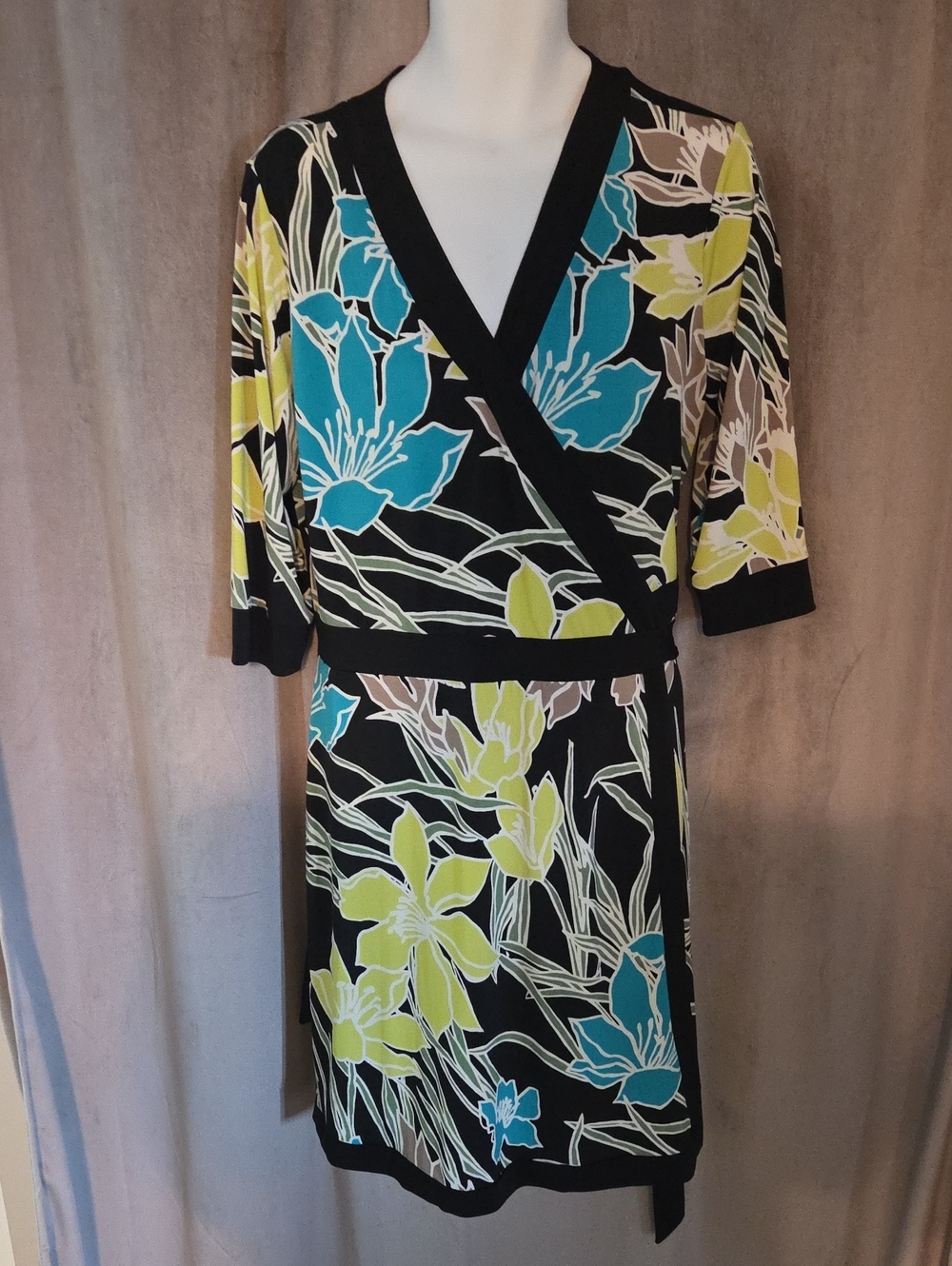 Alfani XL Black Wrap Dress with Teal & Yellow Floral Print
